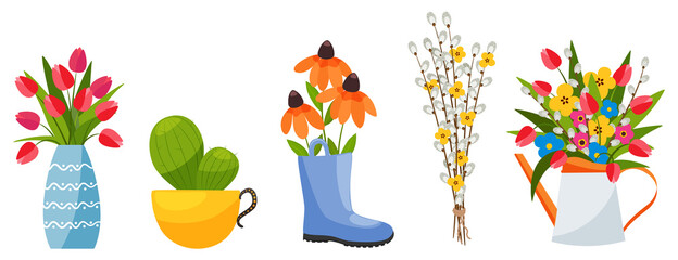 Flower bouquets and plants in different pots. Colorful spring and summer vector illustration.
