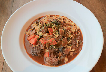 Plate of Delectable Homemade Slow Cooked Beef Stew with Fettuccine