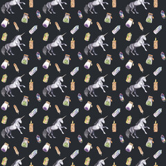 Seamless patterns with magic watercolor elements. Fairy tale, wizard background. Nursery textile, fabric, paper design Kids watercolor illustrations