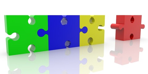 Three puzzle pieces of different colors are connected to each other