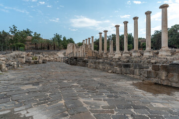 View of the main street cardo with columns at Beit She`an in Israel