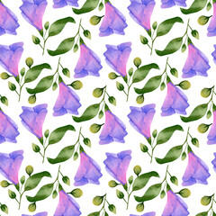 Seamless pattern with pink and purple flowers. Watercolor illustration with bright flowers, leaves, bud