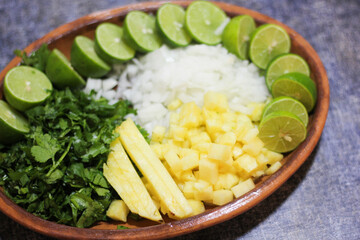 Mexican food, diced pinneapple, coriander, onion
