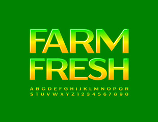 Vector green badge Farm Fresh Gradient color Font. Creative shiny Alphabet Letters and Numbers set