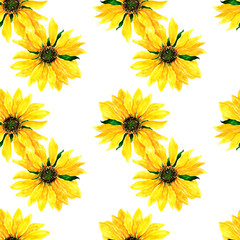 a simple seamless pattern of watercolor yellow sunflowers stacked on top of each other on a white background. simple summer background for design template