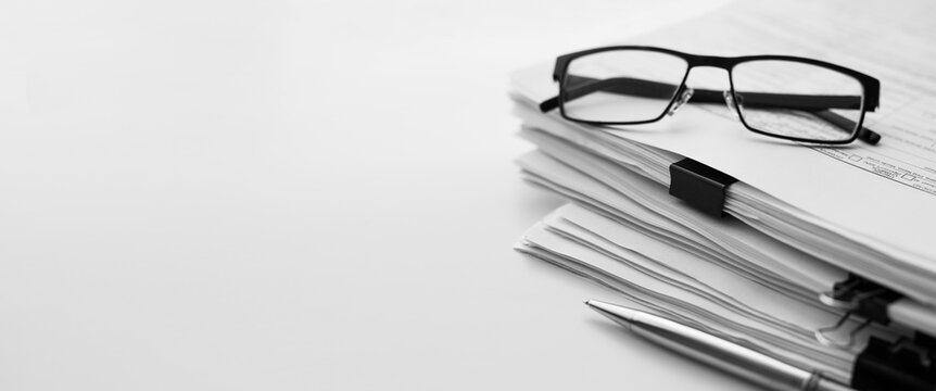 Stack of report paper documents with spectacles. Concept of business and financial data analysis research.