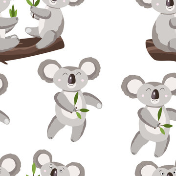Seamless pattern with cute koala baby on white background. Funny australian animals. Card, postcards for kids. Flat vector illustration for fabric, textile, wallpaper, gift wrapping paper.