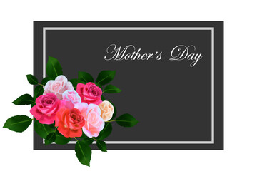 Happy mother s day square banner. Vector greeting card for social media, online stores, poster. Text of happy mother s day. A vignette of beautiful roses, leaves and flower buds on gray background