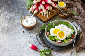 Fresh spring food, healthy vegan lunch bowl. Spinach, cucumber, radish salad and boiled eggs with sour cream. Copy space.
