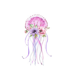 decorative sea jellyfish with a delicate bouquet of pink flowers. isolated watercolor illustration hand painted