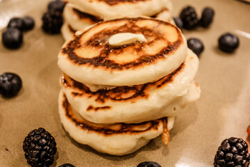 Pancakes and berries for breakfast