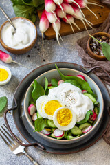 Fototapeta na wymiar Fresh spring food, healthy vegan lunch bowl. Spinach, cucumber, radish salad and boiled eggs with sour cream.