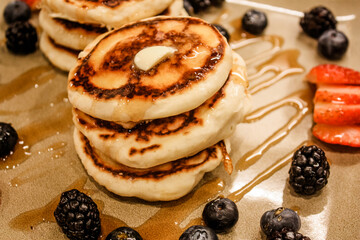 Pancakes and berries for breakfast