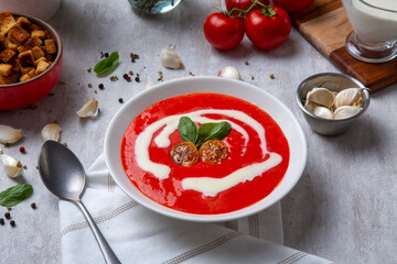 Traditional tomato soup with basil. Served with cream tomato soup, garlic, crispy bread and fresh mint. Delicious table view