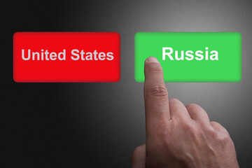 Red button with USA writing and green button with Russia writing concept for Relations between United States and Russia always difficult