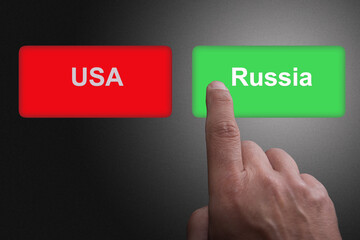 Red button with USA writing and green button with Russia writing concept for Relations between United States and Russia always difficult