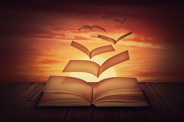 Surreal scene with book pages transforming into magical flying birds against sunset sky background....