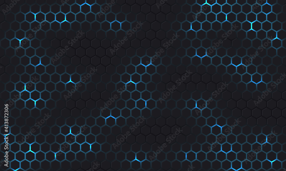 Aufkleber Dark gray and blue technology hexagonal vector background. Abstract blue bright energy flashes under hexagon in dark hi-tech futuristic modern vector background. Gray gaming honeycomb texture grid.