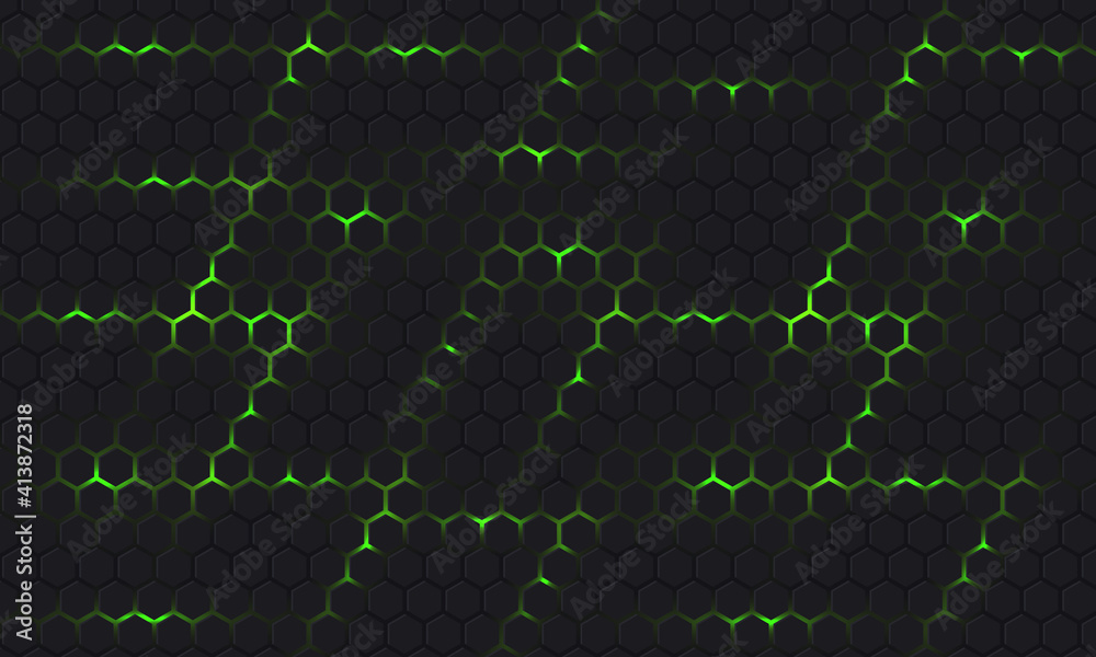 Poster Dark gray and green technology hexagonal vector background. Abstract green bright energy flashes under hexagon in dark hi-tech futuristic modern vector background. Gray honeycomb texture grid.