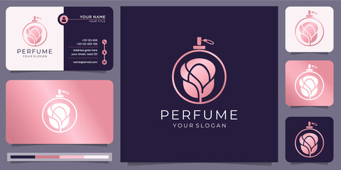 rose gold luxury perfume design template.elegant logo perfume for company business. beauty,salon,bottle,skin care,circle,flower with business card template. premium vector