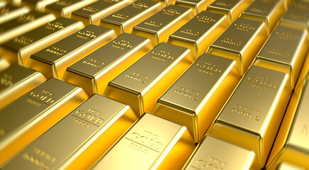 Gold ingot close up. Gold bars, the weight of a gold bar is 1000 grams. Wealth and reserve concept. Business and finance success concept. 3d rendering.