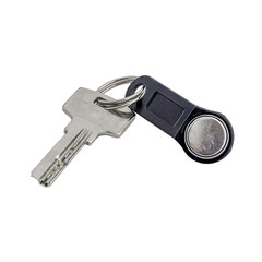 key to the intercom. Doorphone and apartment key isolated on white background.