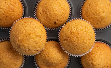 flatley muffins made from white flour, freshly baked. Lie in a baking dish. pattern of cupcakes. confectionery texture concept. High quality photo