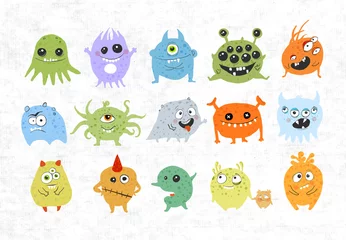 Fotobehang Set of cartoon doodle germs, viruses and bacterias monsters on old paper background. © elinacious