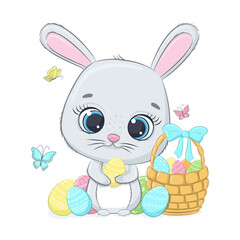 Happy Easter. Cute Easter bunny with basket. Vector illustration.