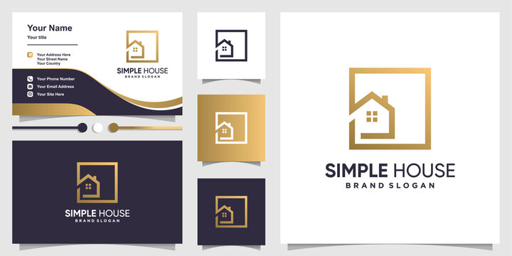 Simple house logo with creative modern outline concept and business card template Premium Vector