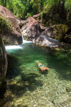 Man enjoying beautiful green rainforest river with crystal clear water
