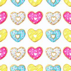Donuts with yellow, blue, pink, white glaze. A pattern with a watercolor illustration of a heart-shaped cookie. Seamless pattern on a white background. Print for fabric,  paper and any design