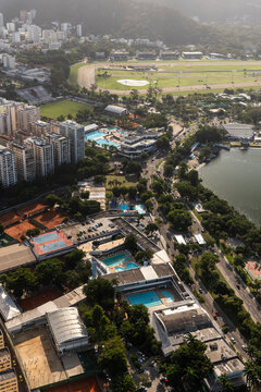 Aerial view from helicopter to city buildings and jockey club