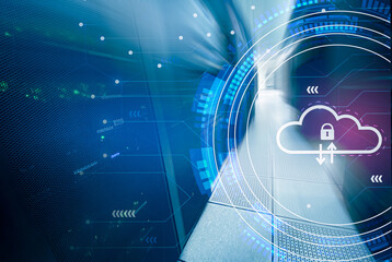 Cloud computing and Raw of server rack or Network device in datacenter with radial blur on background .Datacenter concept , Cloud computing concept .