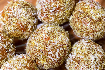 Traditional Turkish Carrot Delight Cezerye, selective focus. Sweet balls