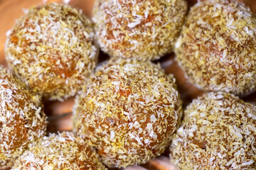 Traditional Turkish Carrot Delight Cezerye, selective focus. Sweet balls