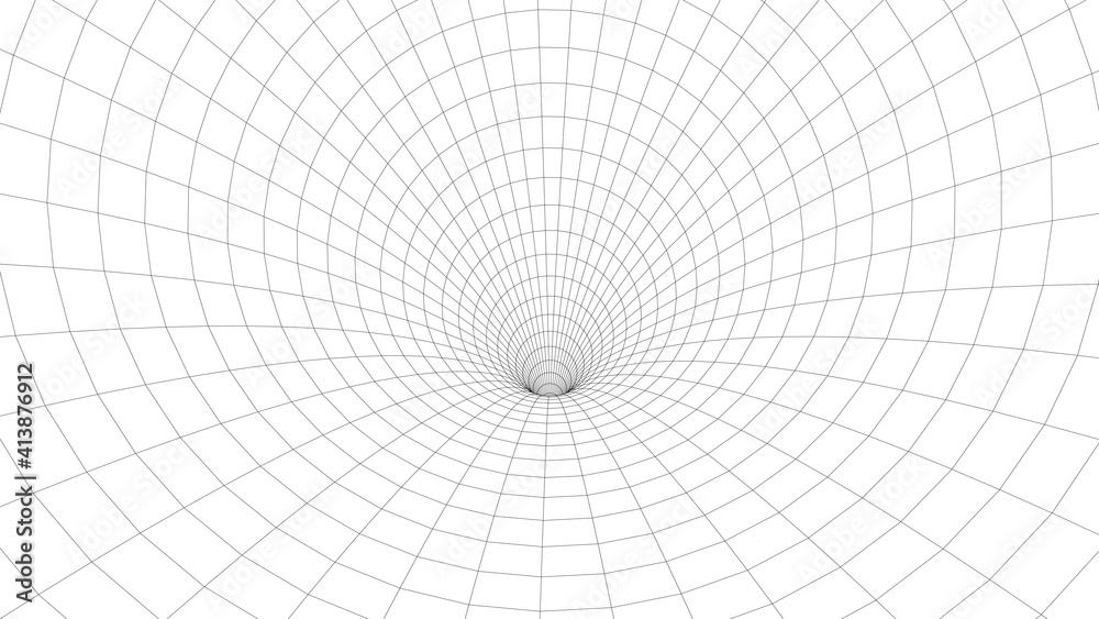 Poster Abstract tunnel. 3D wireframe vector wormhole or vortex. Grid vector illustration.