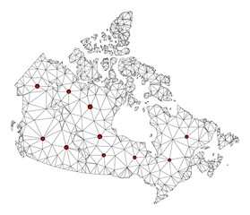 Polygonal mesh lockdown map of Canada. Abstract mesh lines and locks form map of Canada. Vector wire frame 2D polygonal line network in black color with red locks. Frame model for medical templates.