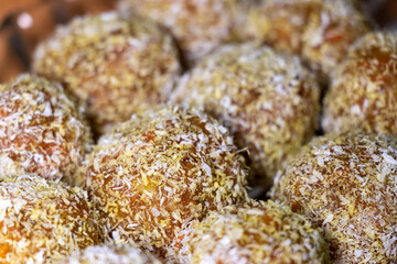 Traditional Turkish Carrot Delight Cezerye, selective focus. Sweet balls
