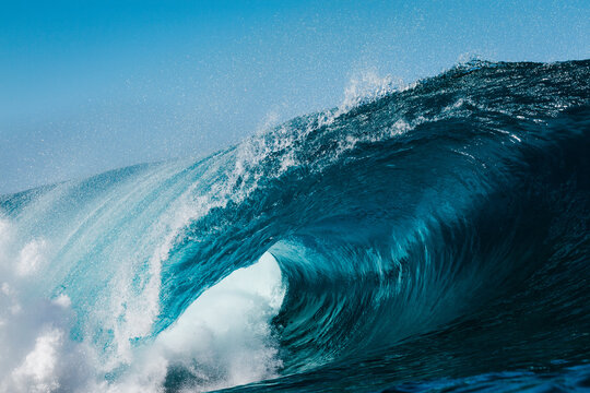 The blue barrels of the waves in the Atlantic Ocean