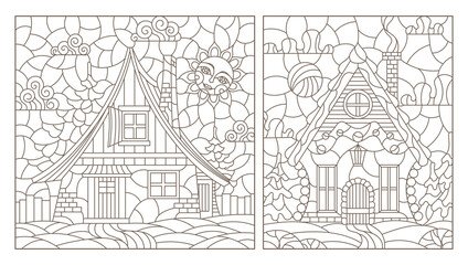 Set of contour illustrations in stained glass style with cozy rural houses on a background of fir trees and sky, dark contours on a white background, rectangular images