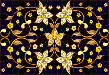 Illustration in stained glass style with floral ornament ,imitation gold on dark background with swirls and floral motif