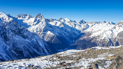 Panorama of the Caucasus Mountain Range. Dombay, Karachay-Cherkessia, Russia