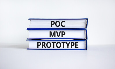 POC, MVP or prototype symbol. Books with words POC, proof of concept, MVP, minimum viable product...