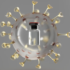 Fototapeta na wymiar Coronavirus abstract vaccine glass bottle, mutant variant virus producing vaccinations