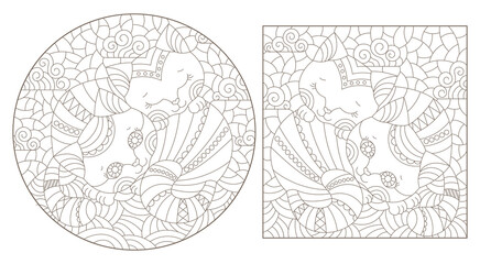 Set of contour illustrations in stained glass style with abstract cats, dark outlines on a white background