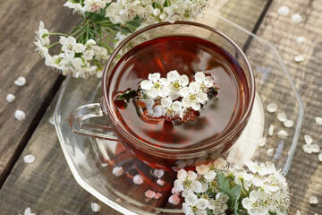 Obraz na płótnie Canvas Hawthorn spring floral tea with spring blooming branches with flower buds on wooden background, closeup, copy space, vertical, herbal teas and natural medicine concept
