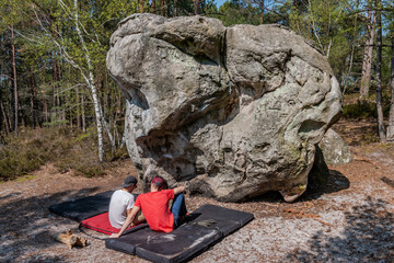 Climbers studying the topo in Fontainebleau, France