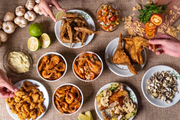 Shrimp, seadfoof to restaurants. Fried frish. 
