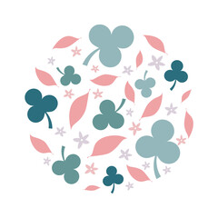 Circular shape of leaves, flowers and clovers, isolated on white background